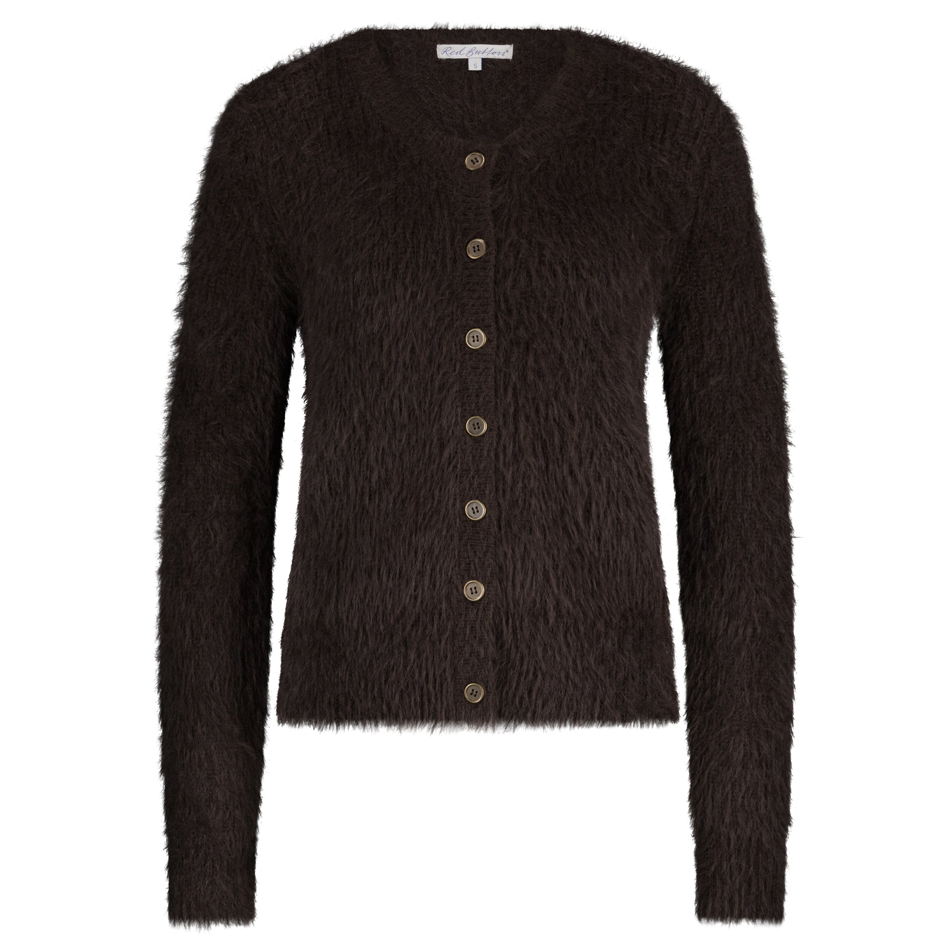 Red button Dark brown fuzzy textured cardigan with buttons on a white background