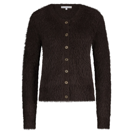Red button Dark brown fuzzy textured cardigan with buttons on a white background