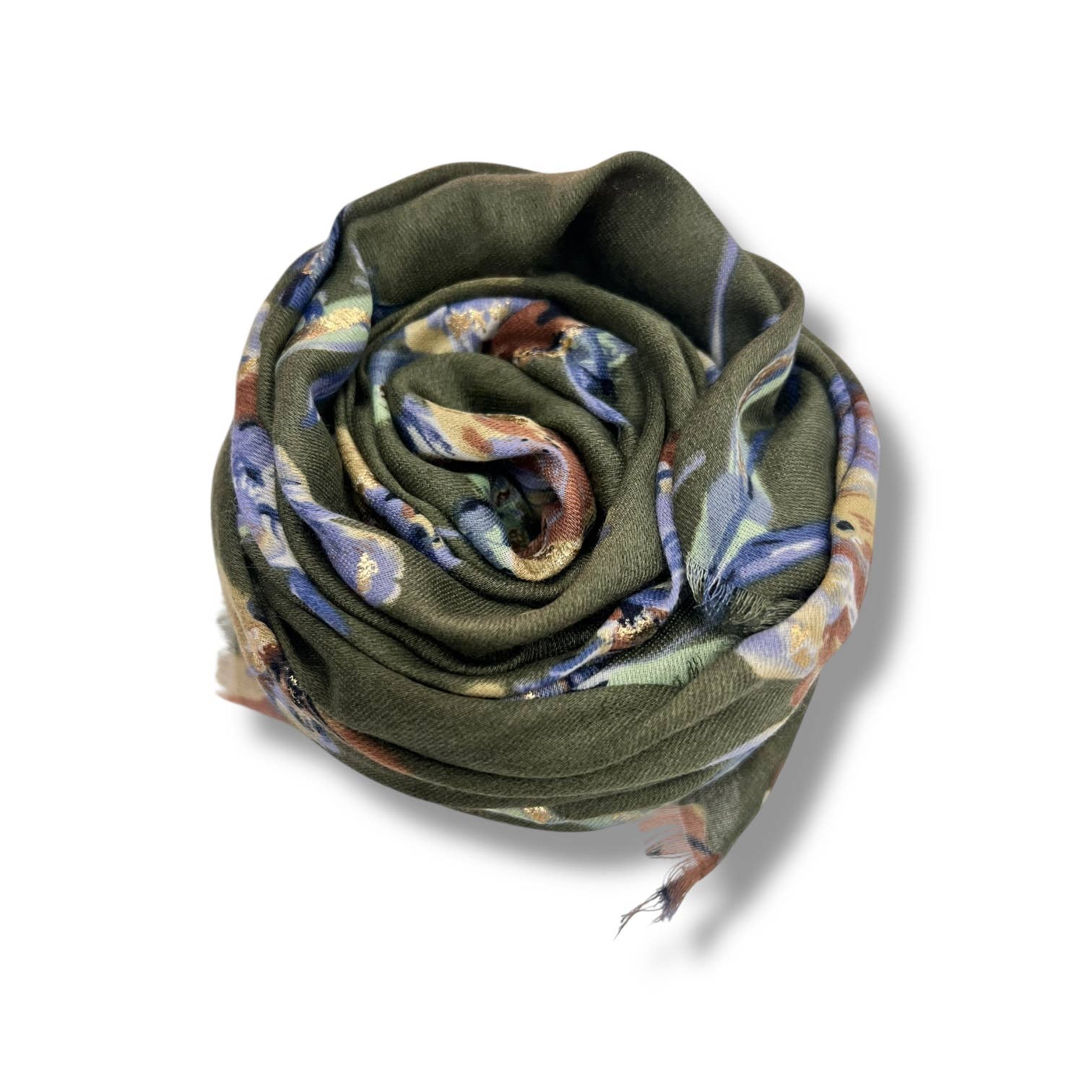 Rolled-up green scarf with floral pattern on a white background
