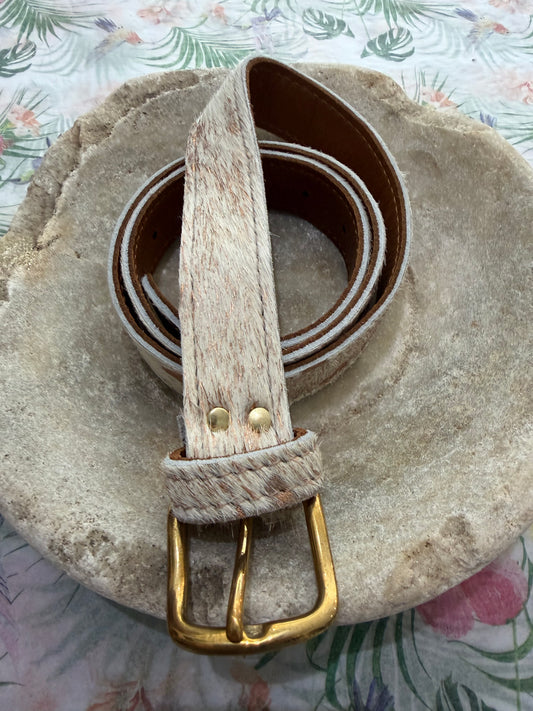 Rose gold acid pony fur belt with gold buckle