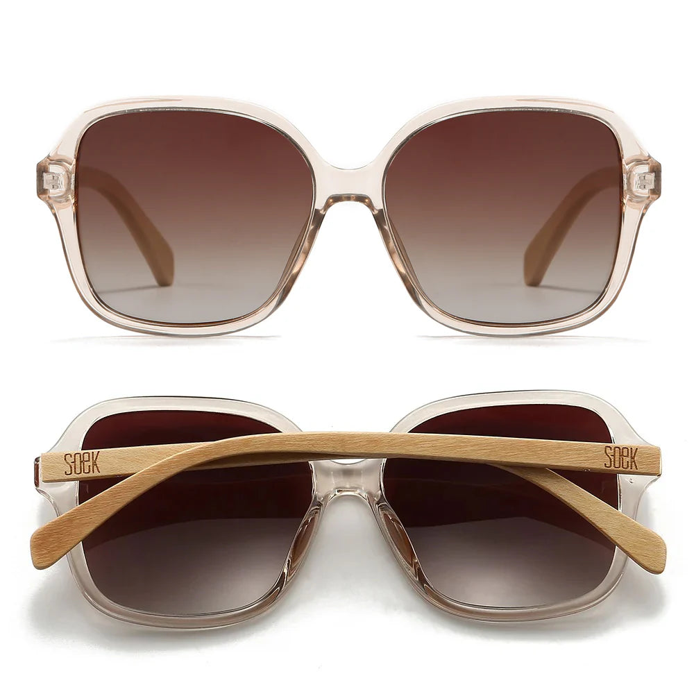 SOEK Scarlett champagne oversized square sunglasses with brown gradient polarised lenses and white maple wooden arms