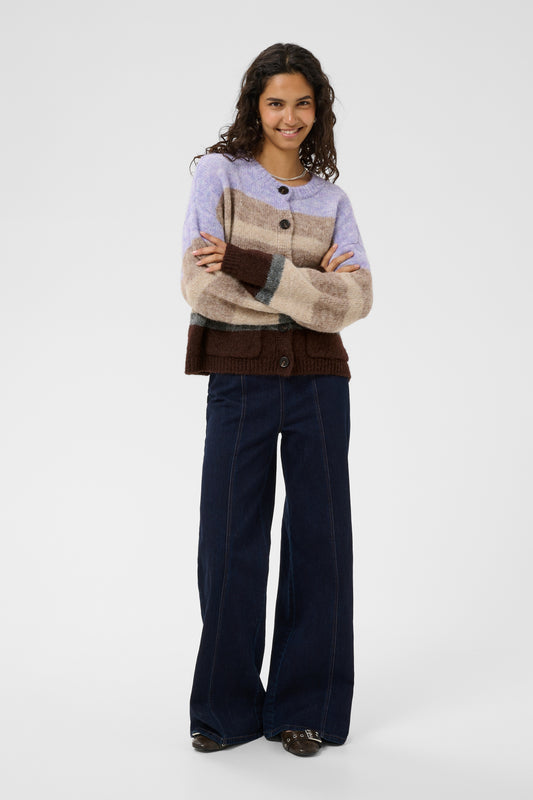 Saint Tropez cardigan with bold stripes in lilac, brown and beige with brown buttons