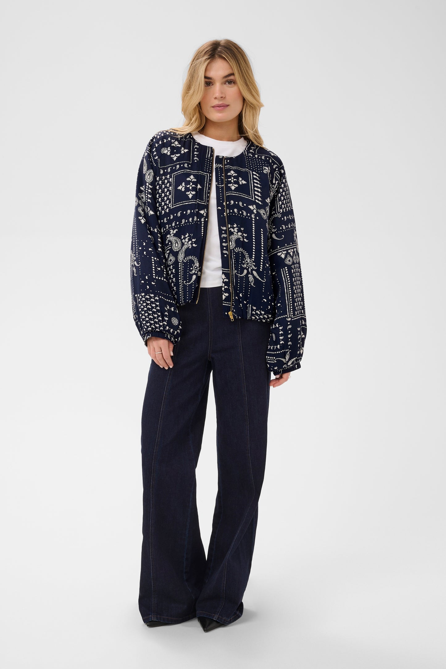 Saint Tropez Stephanie blue bomber jacket with white paisley pattern