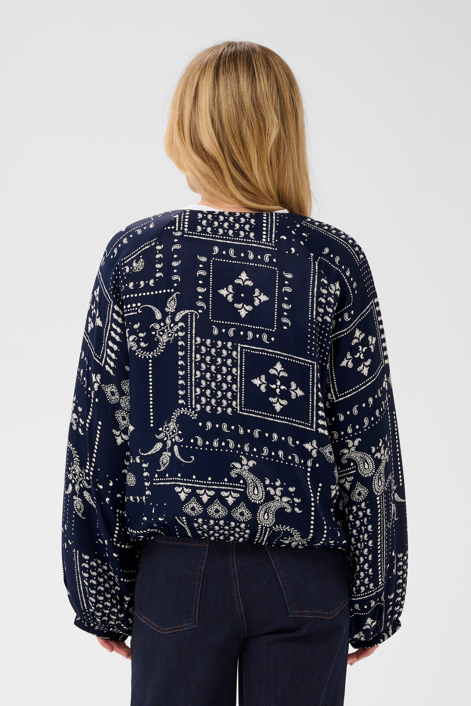 Saint Tropez Stephanie blue bomber jacket with white paisley pattern