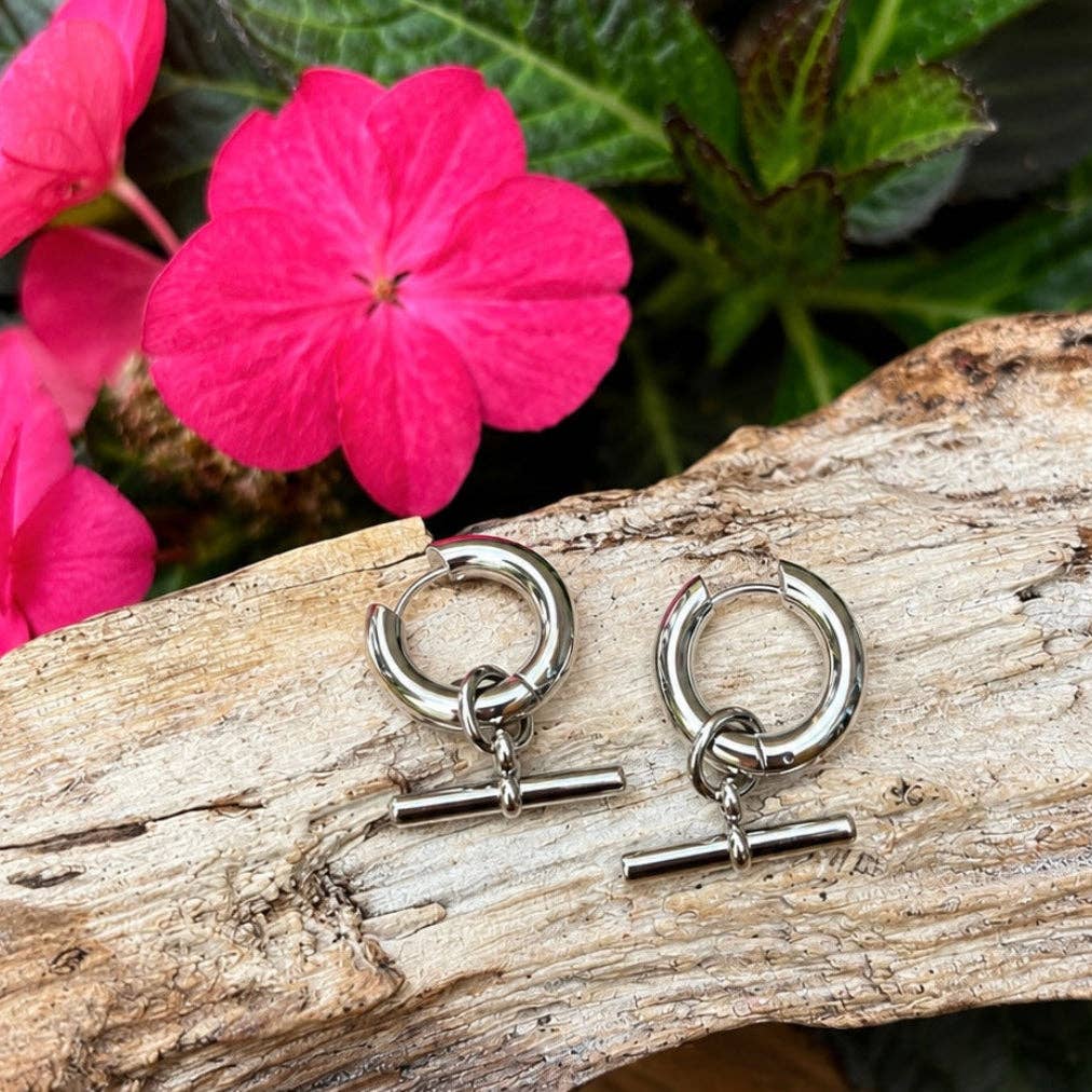Ocean Ripples Rhodium Plated T-Bar Huggie Earrings