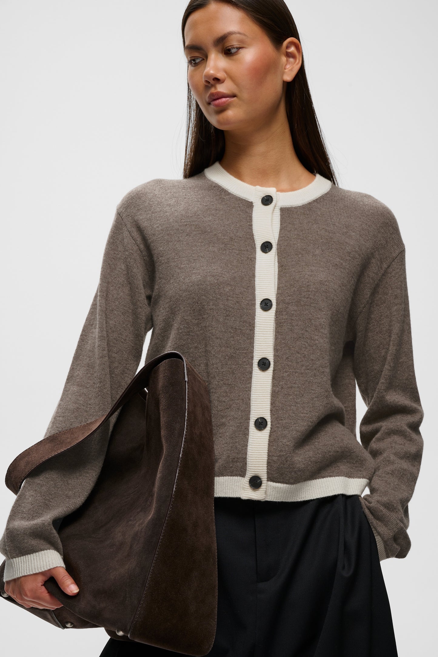 Inwear Tally wool and cashmere cardigan in brown with contrasting cream edging
