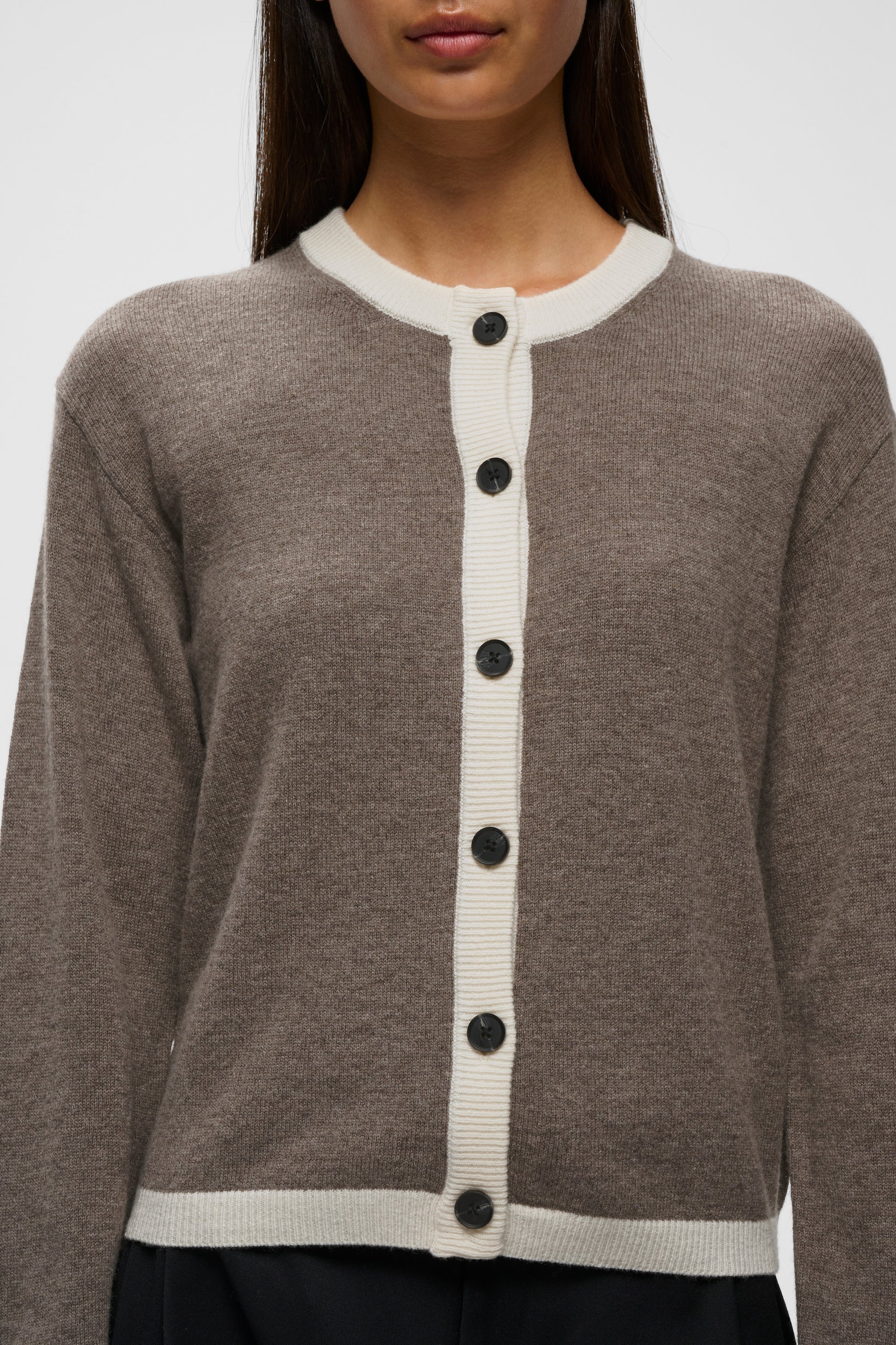 Inwear Tally wool and cashmere cardigan in brown with contrasting cream edging