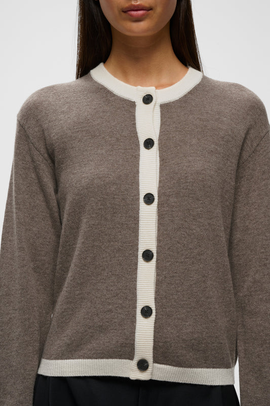 Inwear Tally wool and cashmere cardigan in brown with contrasting cream edging