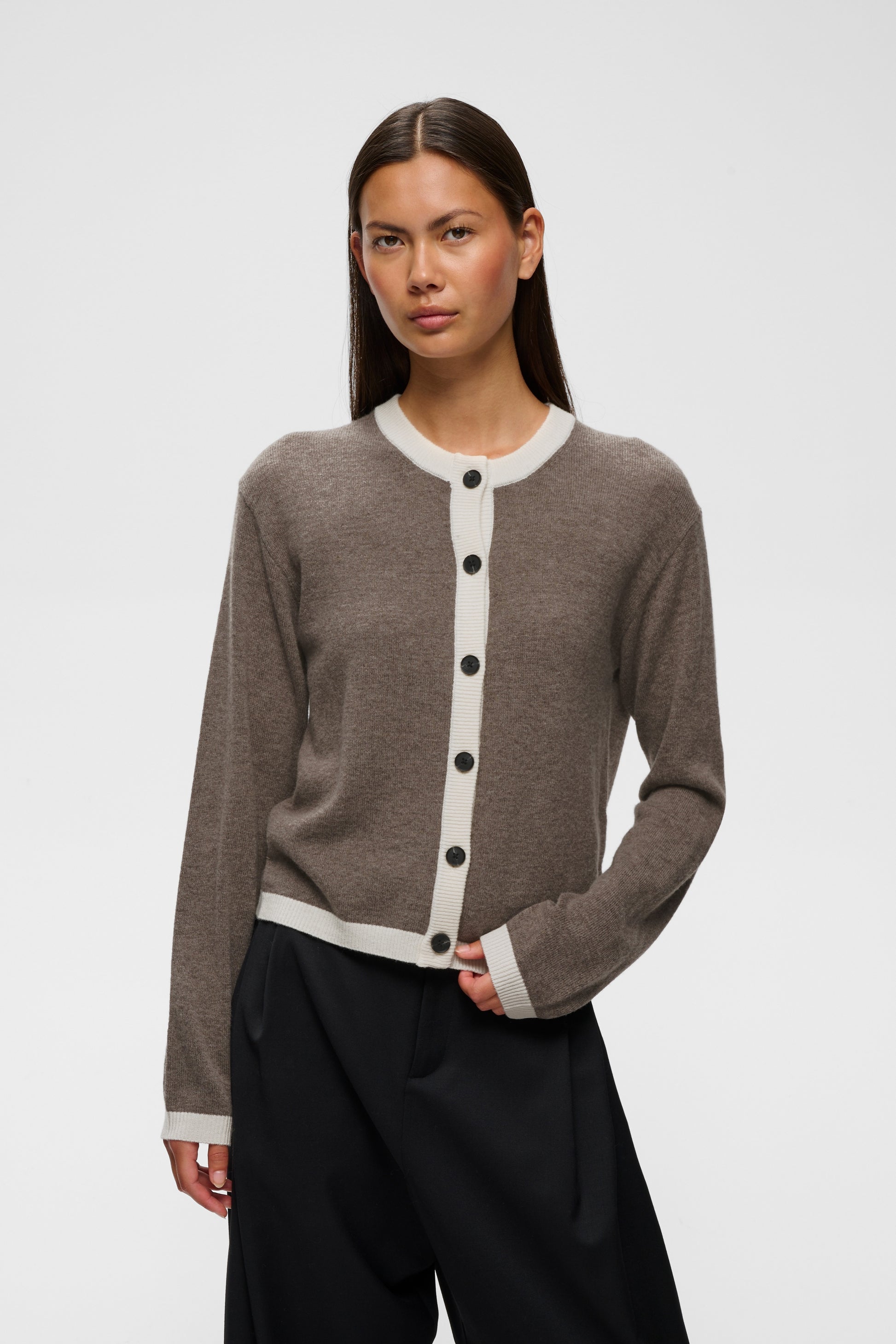 Inwear Tally wool and cashmere cardigan in brown with contrasting cream edging