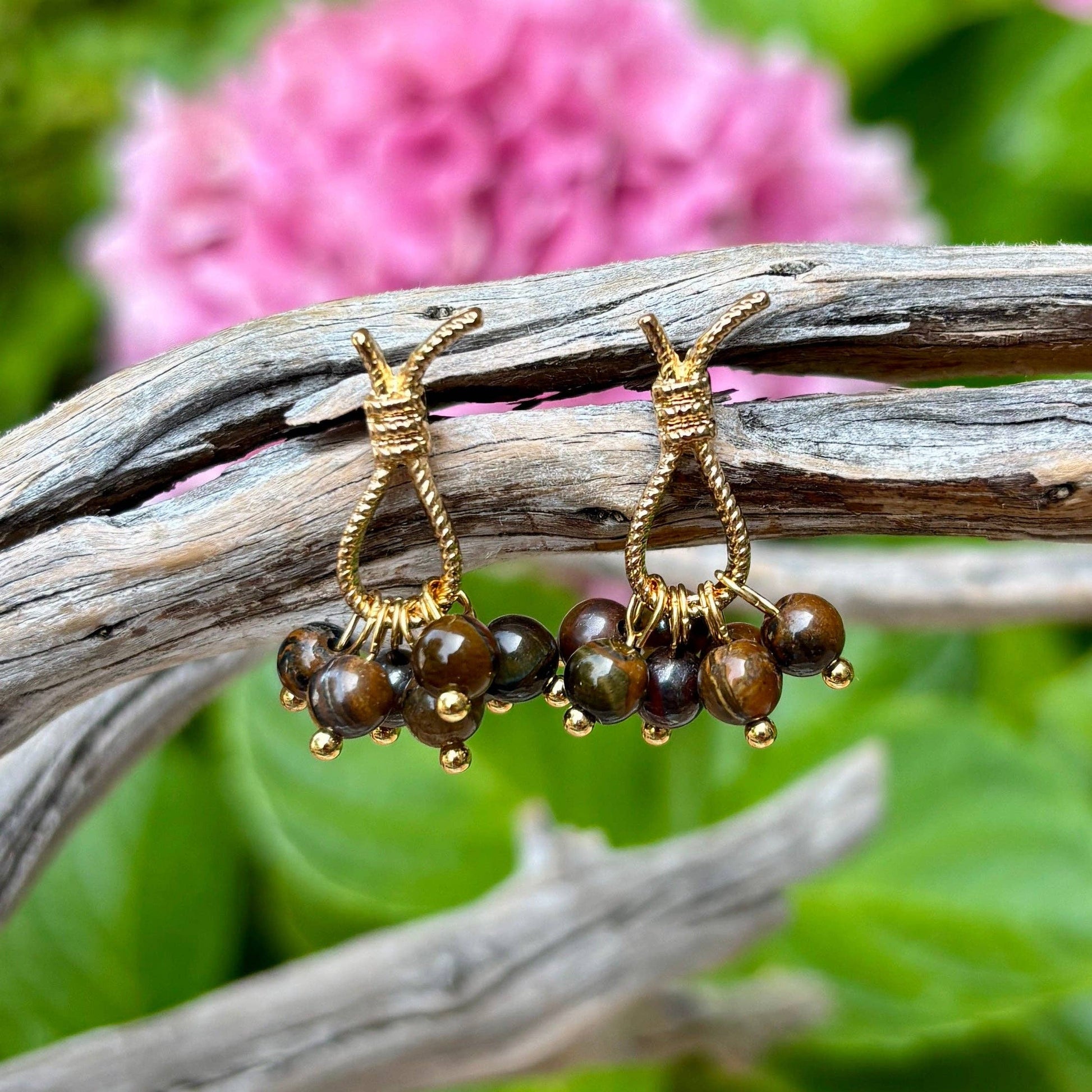 Ocean Ripples 14ct Gold Plated Tiger's Eye Cluster Earrings