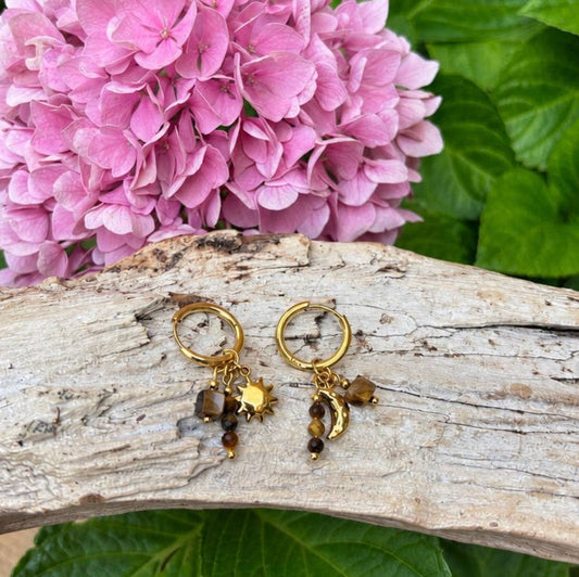Ocean Ripples 18ct Gold Plated Tiger's Eye Charm Huggie Earrings