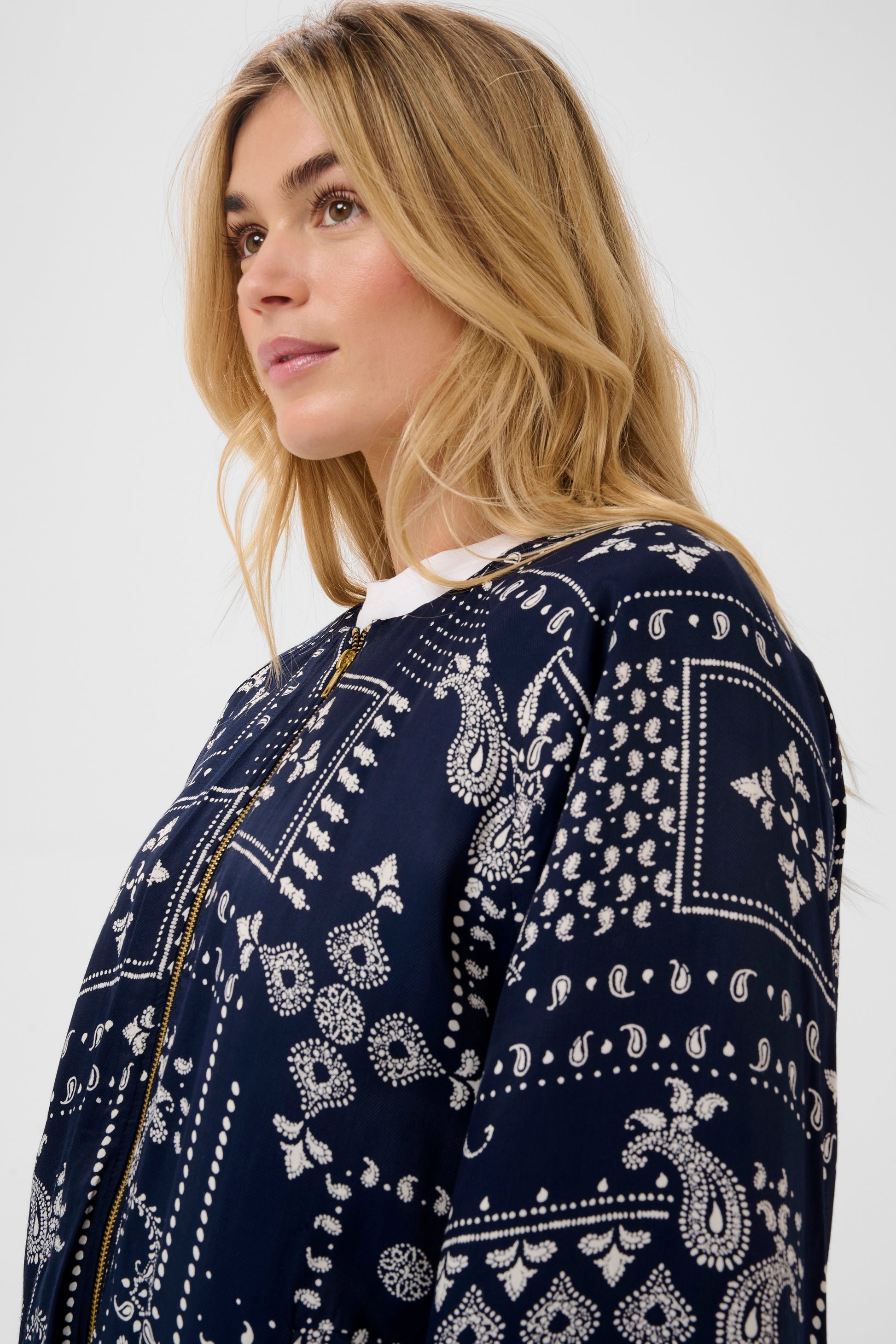 Saint Tropez Stephanie blue bomber jacket with white paisley pattern
