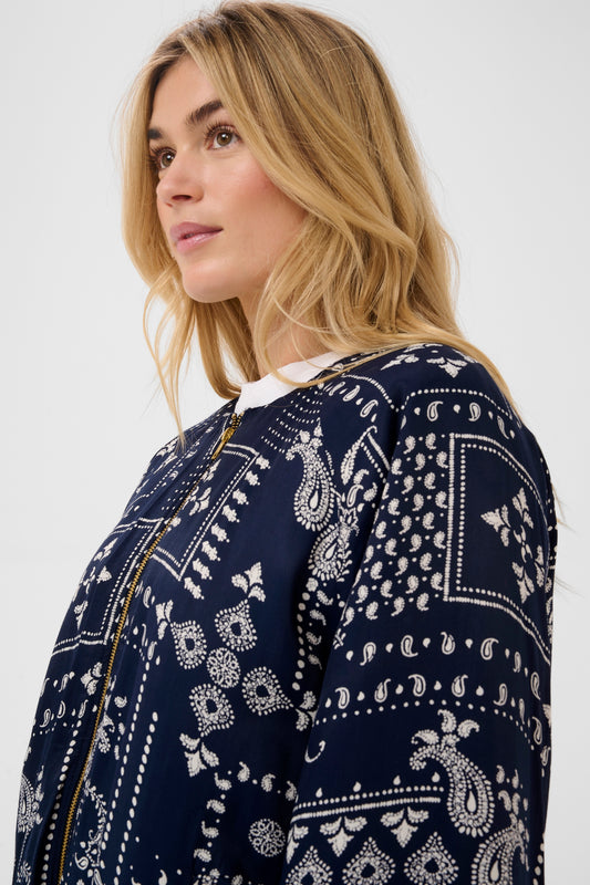 Saint Tropez Stephanie blue bomber jacket with white paisley pattern