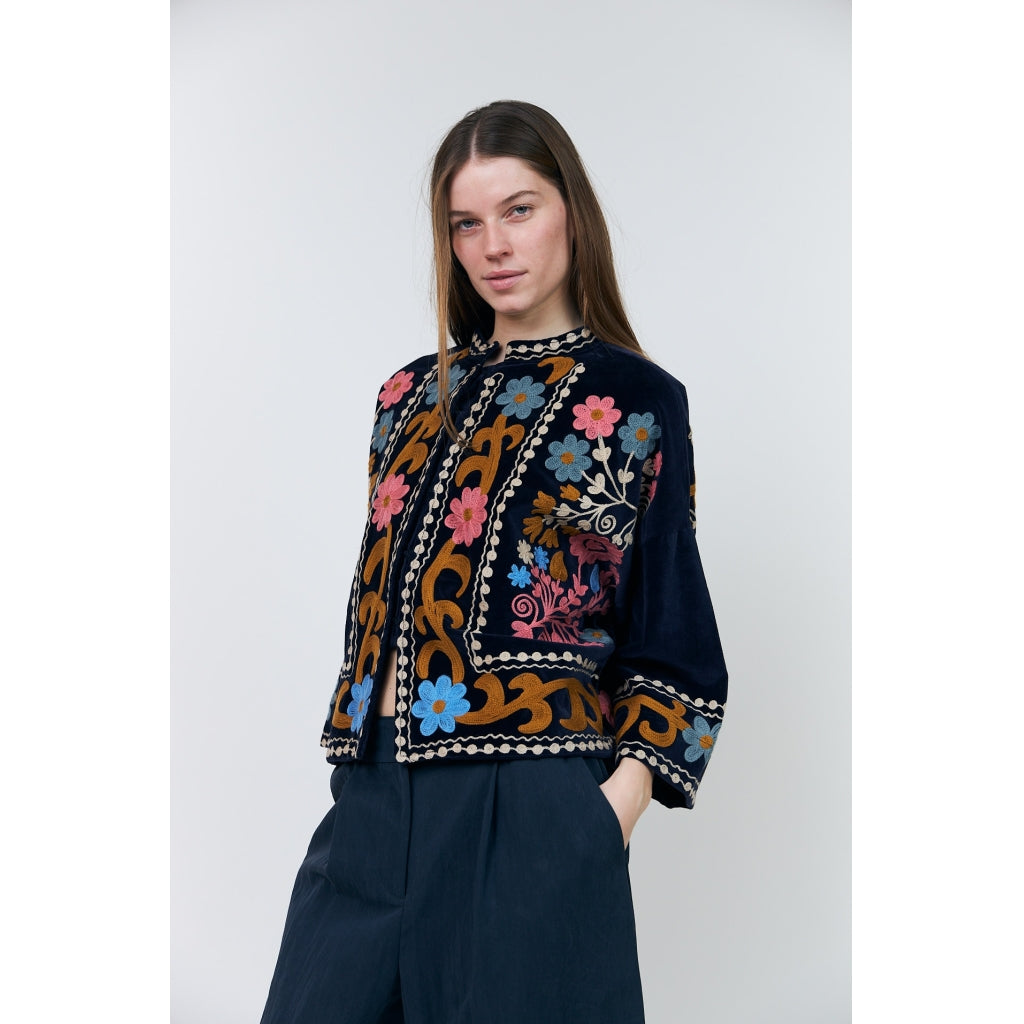 Lollys Laundry Amby dark blue velvet jacket with colourful floral embroidery